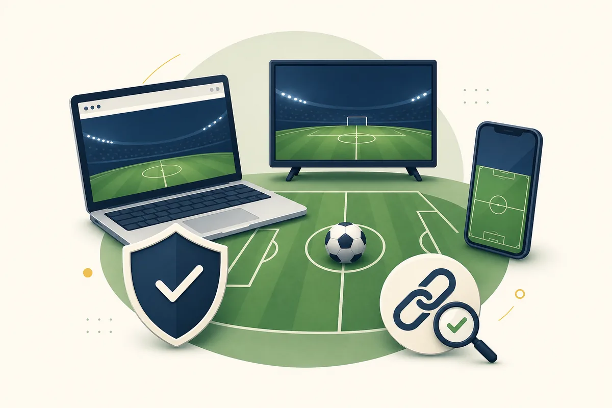 Ilustración editorial de dispositivos y un escudo al revisar un enlace de fútbol