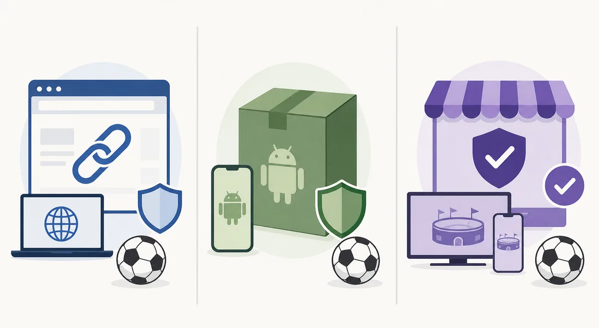 Comparación editorial entre enlace web, paquete APK y servicio deportivo autorizado