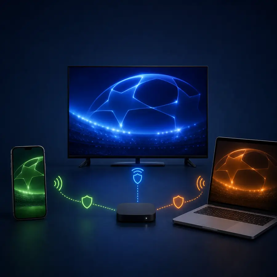 Ilustración editorial de móvil Android, TV Box y portátil como rutas distintas para seguir fútbol