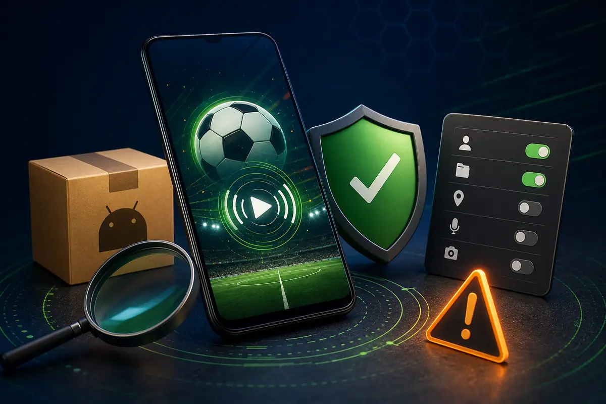 Ilustración editorial sobre comprobar un APK de fútbol en vivo antes de instalar