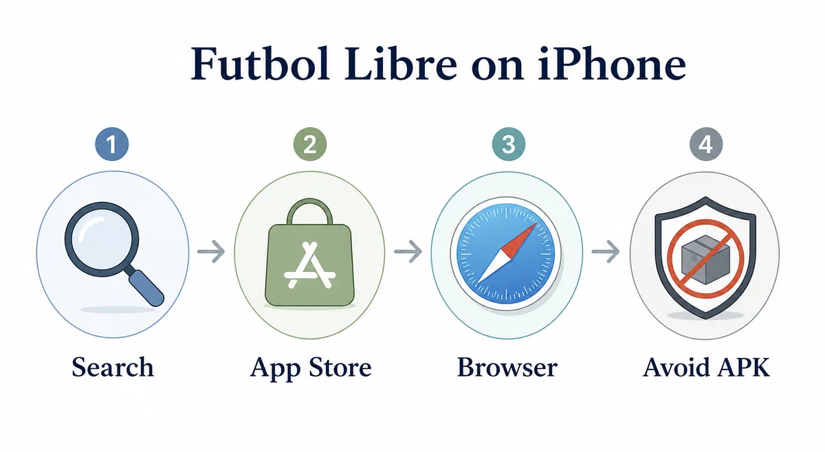Flujo editorial para revisar Futbol Libre en iPhone: buscar, App Store, navegador y evitar APK