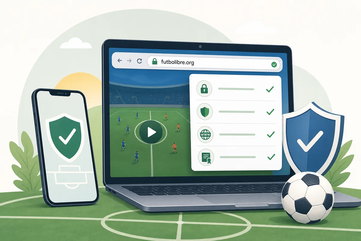 Ilustracion editorial de un navegador revisando futbol libre.org con controles de seguridad