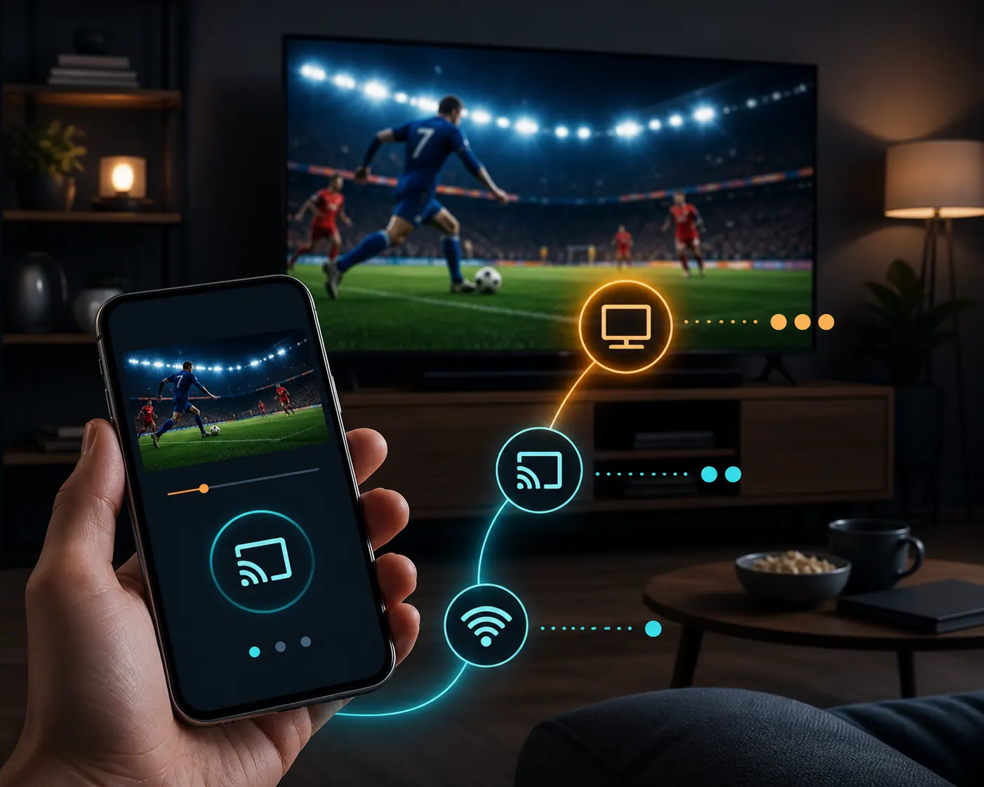 Teléfono conectado por transmisión a una televisión con una ruta visual de Wi-Fi