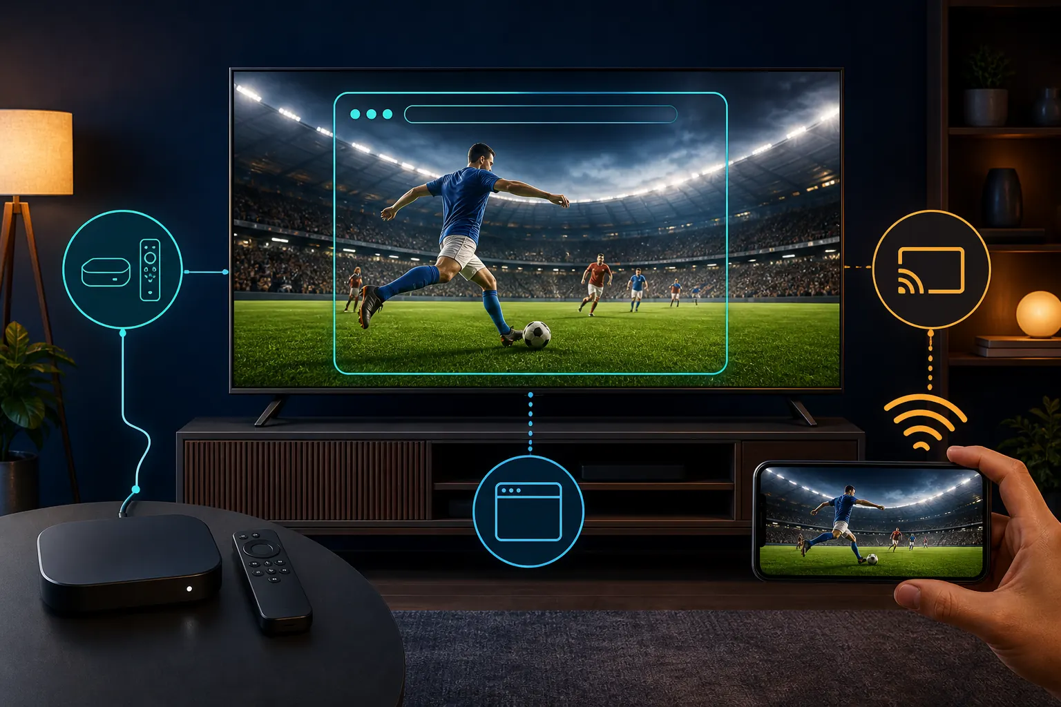 Ilustración de una Smart TV con navegador, dispositivo Android TV y teléfono para transmitir