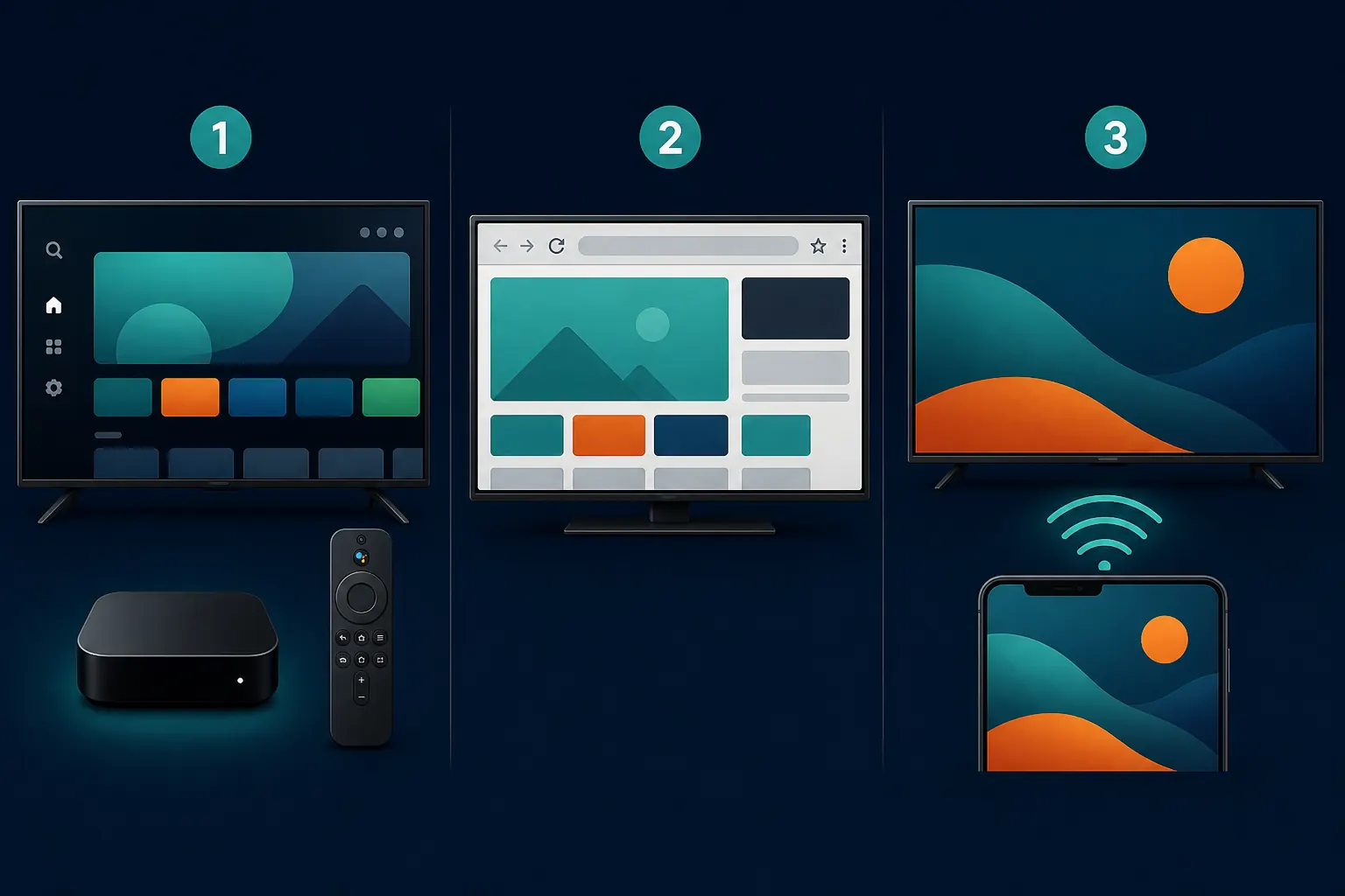 Comparación visual de un sistema de TV con dispositivo Android, navegador y transmisión
