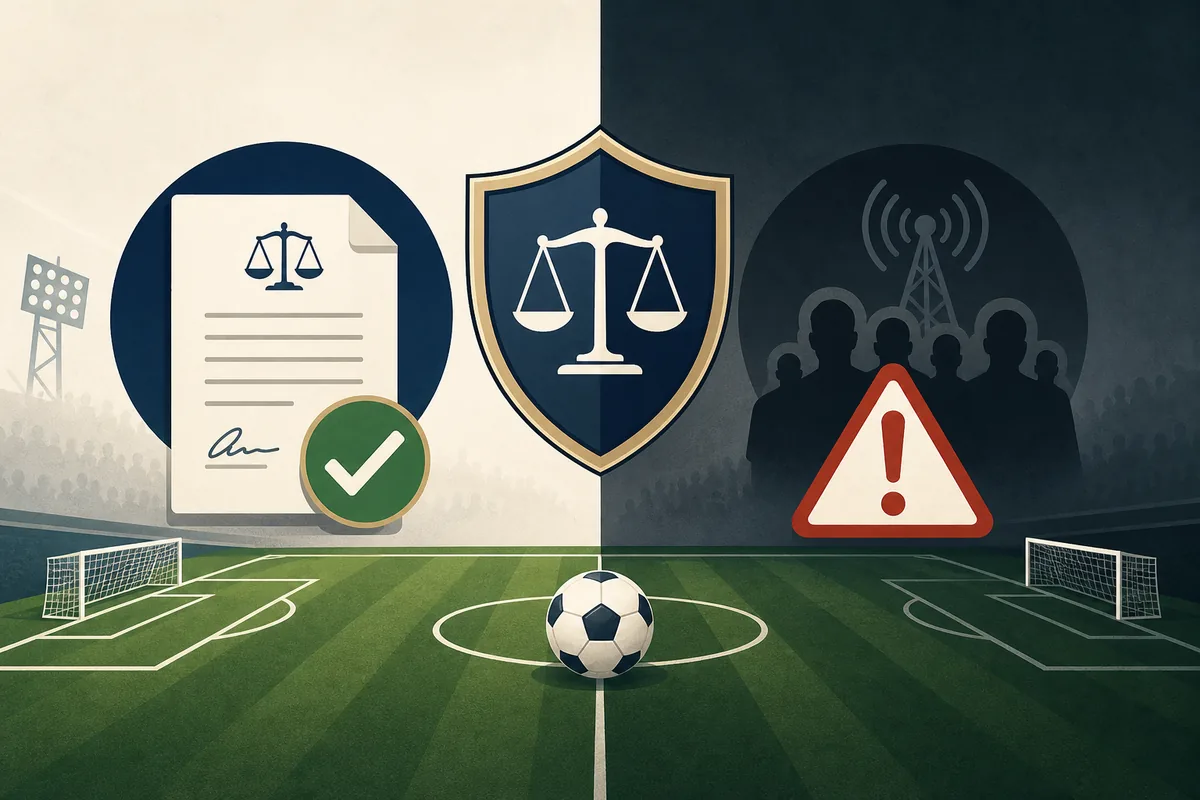 Ilustracion editorial sobre derechos de transmision, seguridad y riesgos en Futbol Libre TV