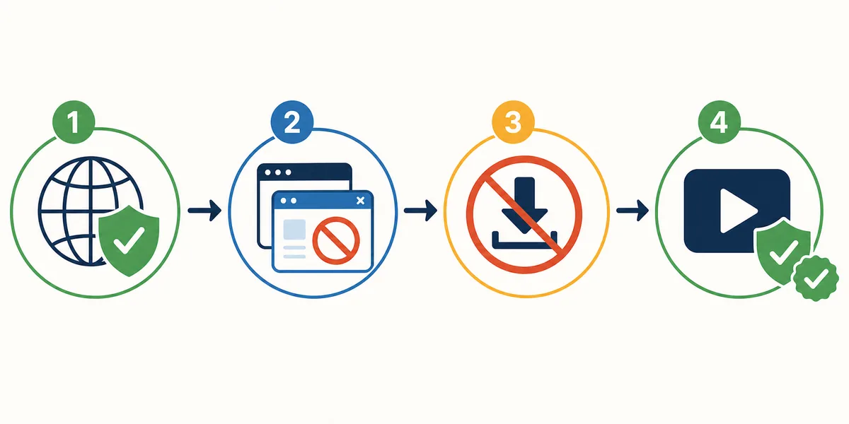 Four-step editorial flow for reviewing a Librefutboltv link safely