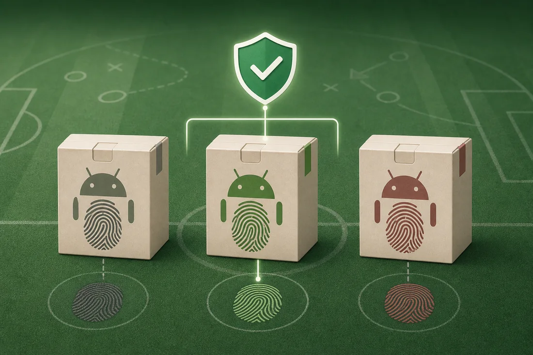 Ilustración editorial de tres paquetes Android con identidades distintas